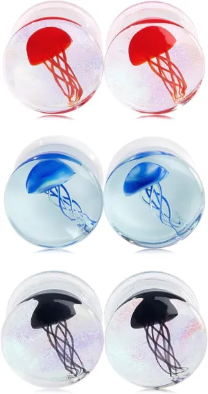 Oyaface 3Pairs Ocean Jellyfish Color Ear Plugs Gauges Tunnel Expanders Stretcher Unique Earrings Double Flared Piercings Body Jewelry Blue Red Black Set 0G-5/8''