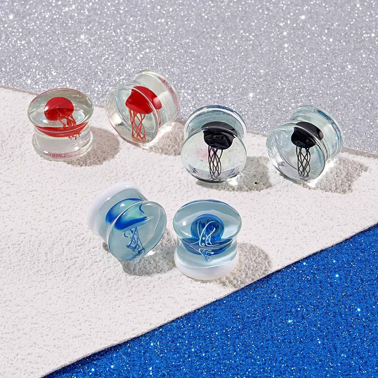 Oyaface 3Pairs Ocean Jellyfish Color Ear Plugs Gauges Tunnel Expanders Stretcher Unique Earrings Double Flared Piercings Body Jewelry Blue Red Black Set 0G-5/8''