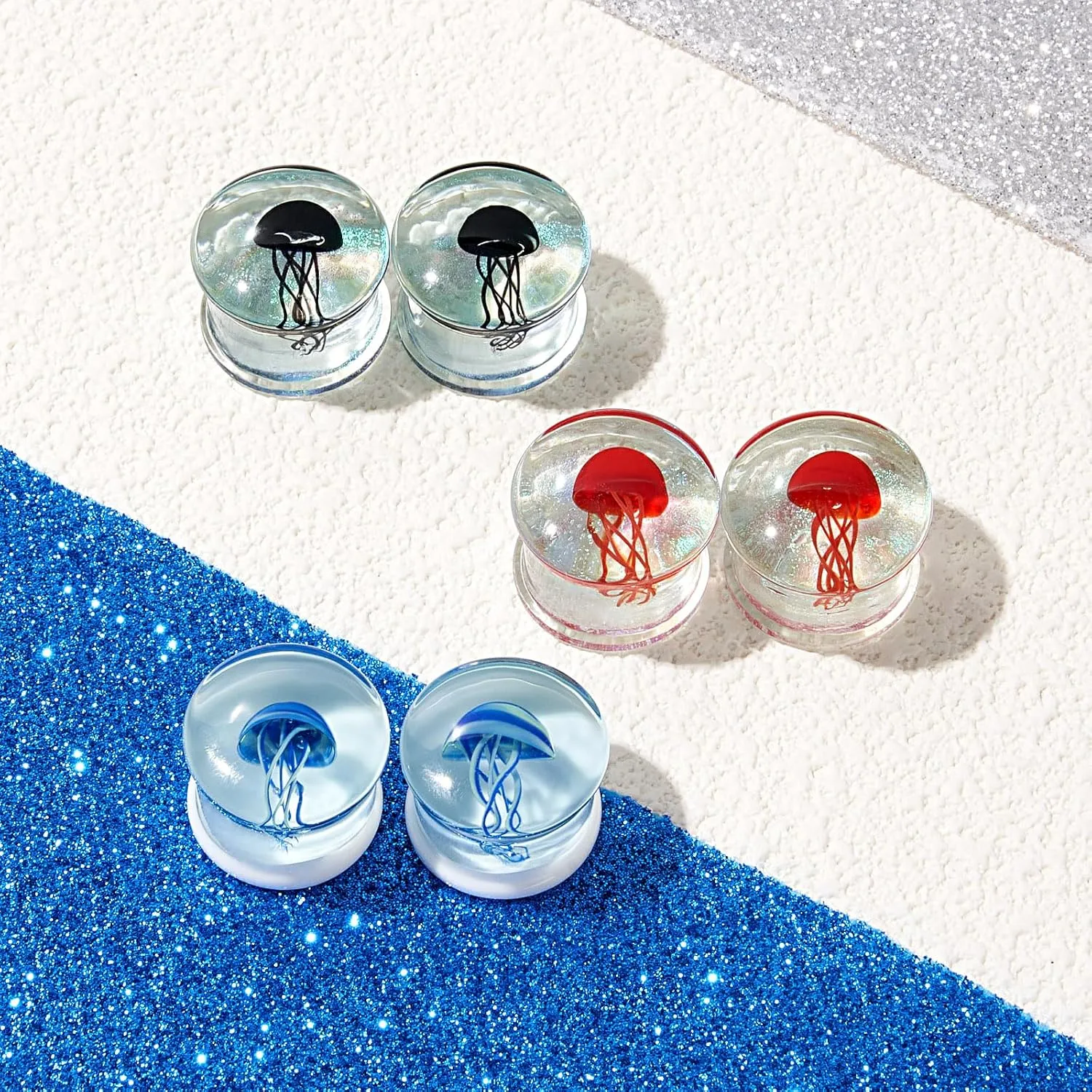 Oyaface 3Pairs Ocean Jellyfish Color Ear Plugs Gauges Tunnel Expanders Stretcher Unique Earrings Double Flared Piercings Body Jewelry Blue Red Black Set 0G-5/8''