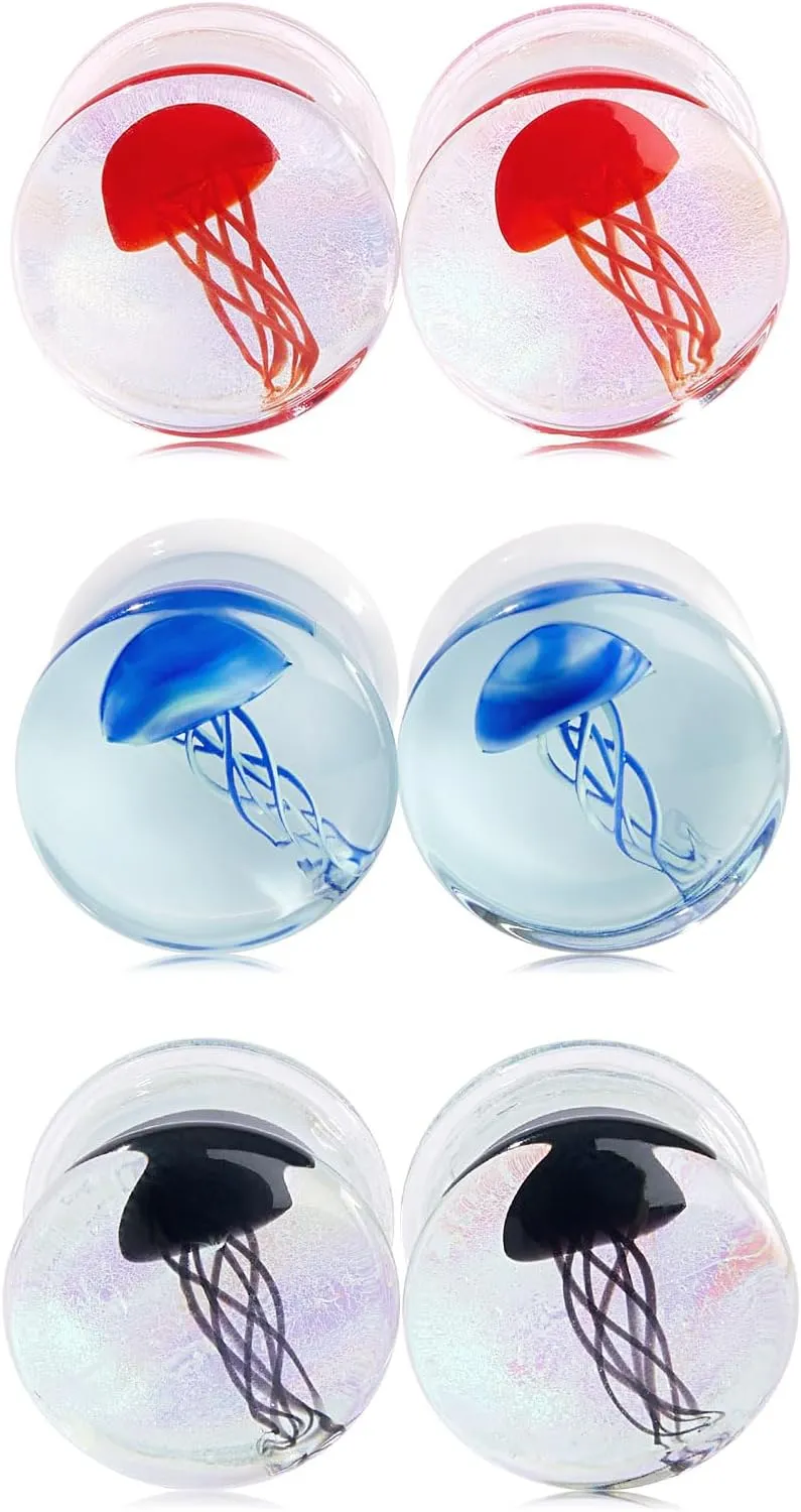 Oyaface 3Pairs Ocean Jellyfish Color Ear Plugs Gauges Tunnel Expanders Stretcher Unique Earrings Double Flared Piercings Body Jewelry Blue Red Black Set 0G-5/8''