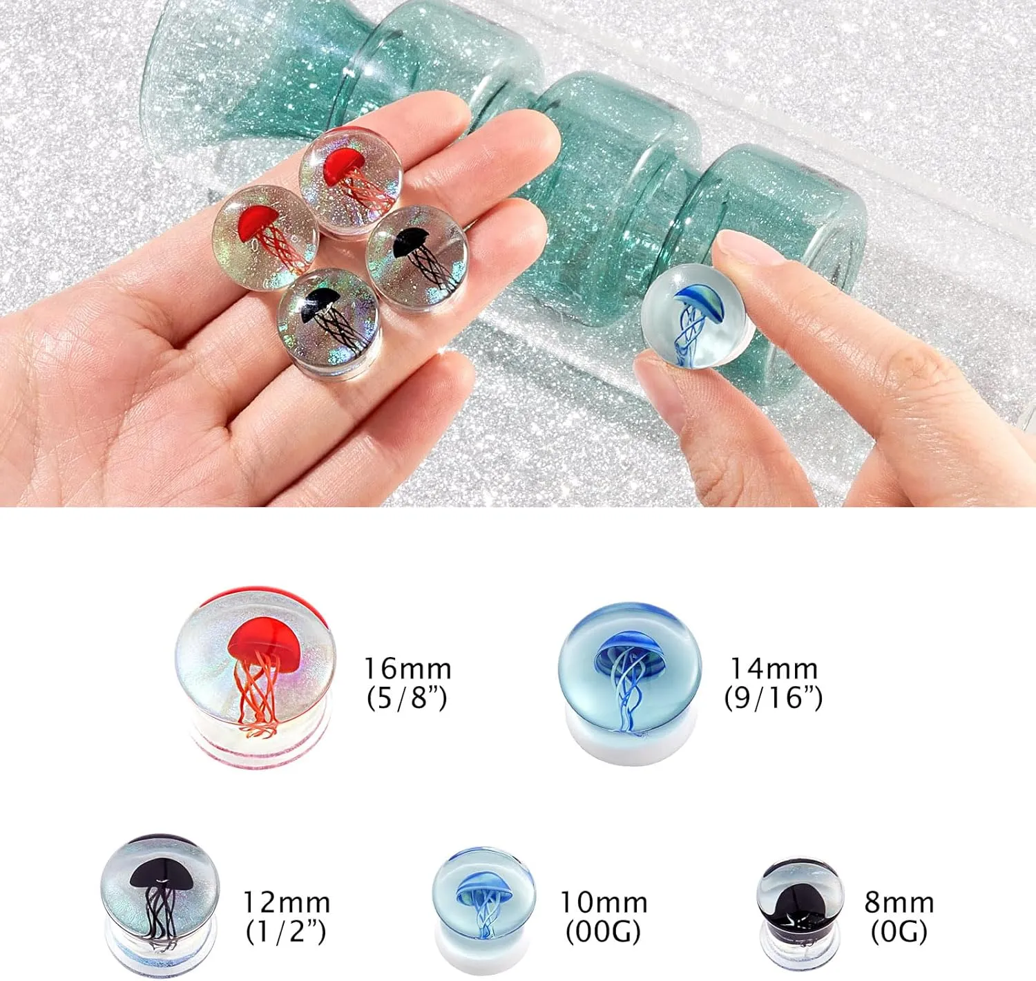 Oyaface 3Pairs Ocean Jellyfish Color Ear Plugs Gauges Tunnel Expanders Stretcher Unique Earrings Double Flared Piercings Body Jewelry Blue Red Black Set 0G-5/8''