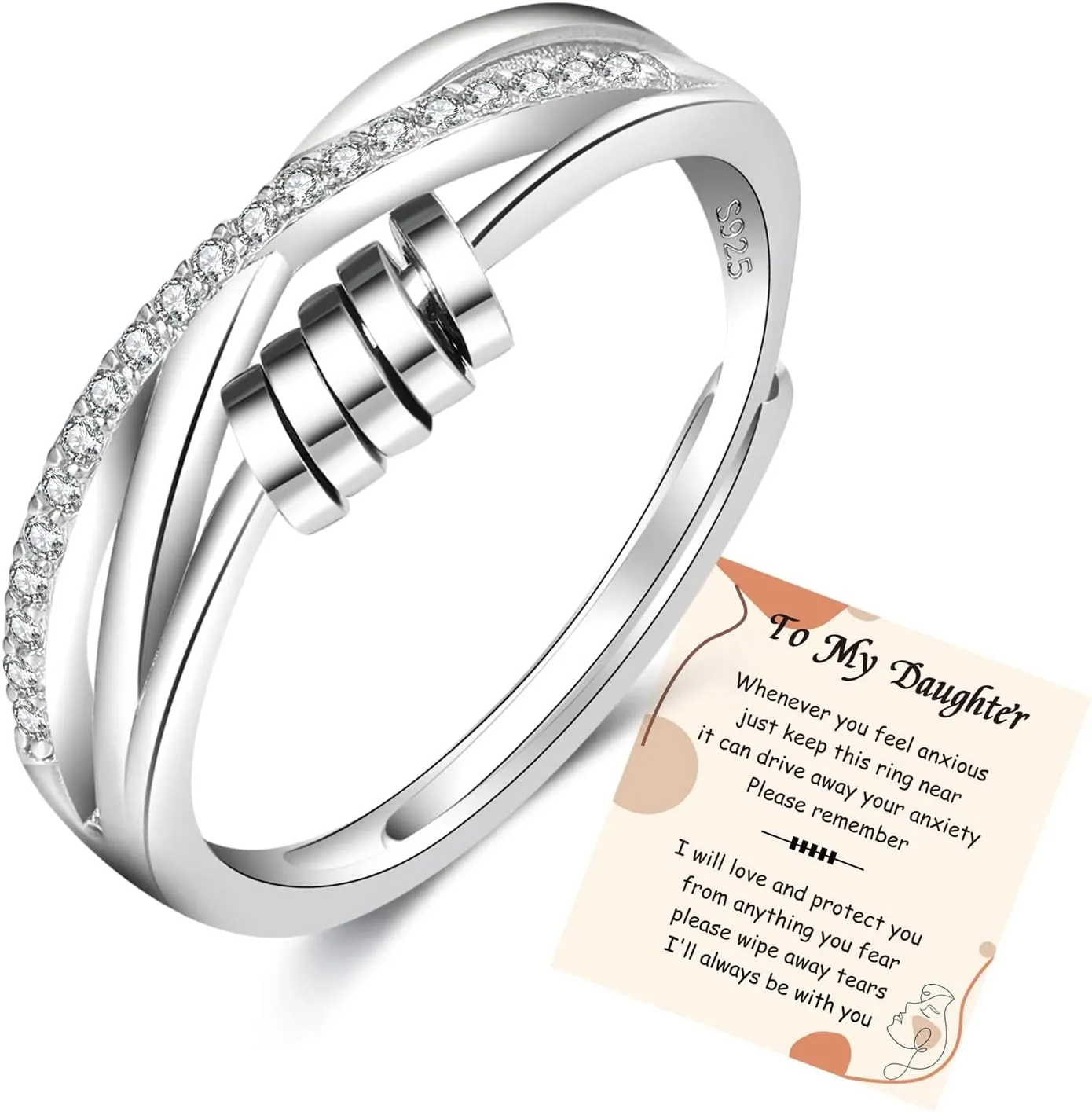 PABBEU Anxiety Ring for Women 925 Sterling Silver Fidget Ring With Cubic Zircon Adjustable Stress Spinner Anxiety Ring for Women