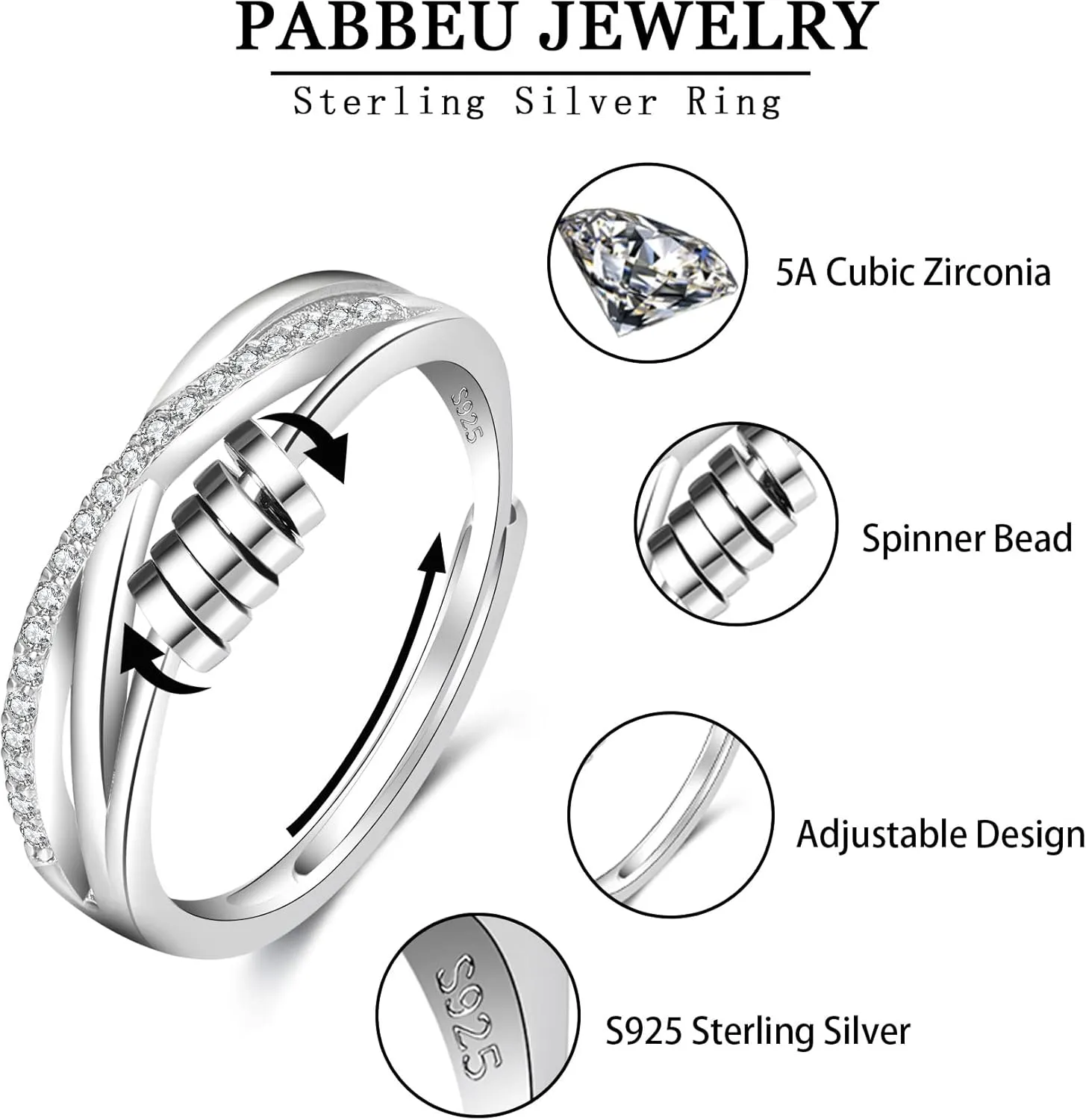 PABBEU Anxiety Ring for Women 925 Sterling Silver Fidget Ring With Cubic Zircon Adjustable Stress Spinner Anxiety Ring for Women