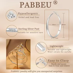 PABBEU Sterling Silver Hoop Earrings for Women - Large Hypoallergenic Thin Oversize Big Hoops - S925 Hypoallergenic