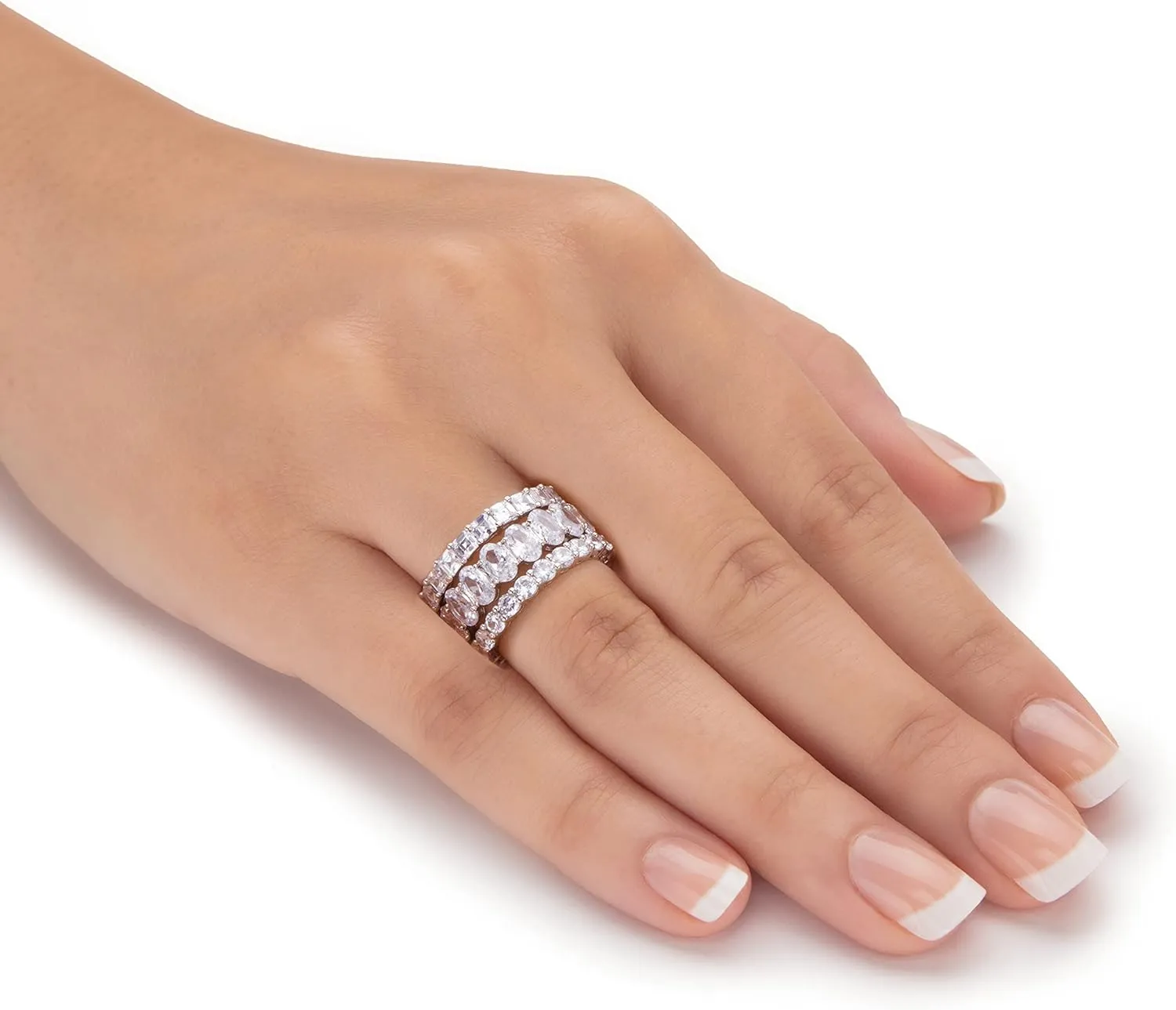 Palm Beach Jewelry Platinum Plated Oval Round and Princess Cut Cubic Zirconia 3 Piece Stackable Eternity Ring Set