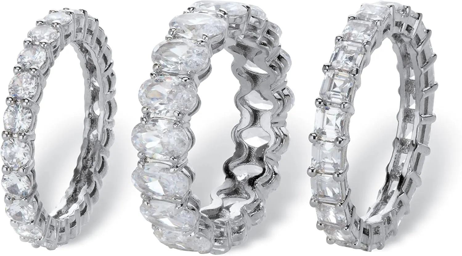 Palm Beach Jewelry Platinum Plated Oval Round and Princess Cut Cubic Zirconia 3 Piece Stackable Eternity Ring Set