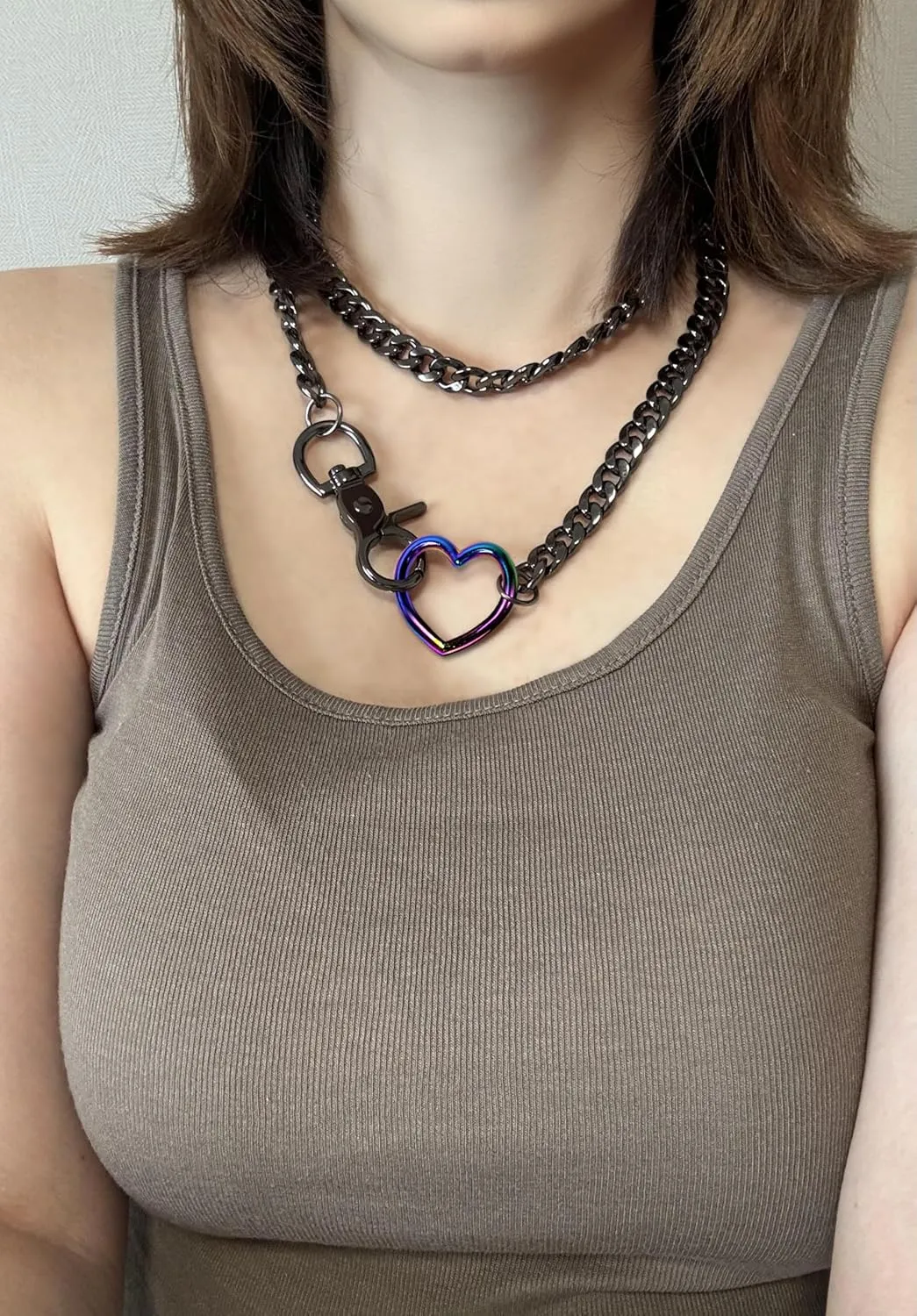 paloli Women's Slip Chain Rainbow Heart O-Ring Chunky Chain Necklace, Rays Cuban Long Layered Jewelry, Adjustable Lariat Y-Necklace Heart Loop Choker