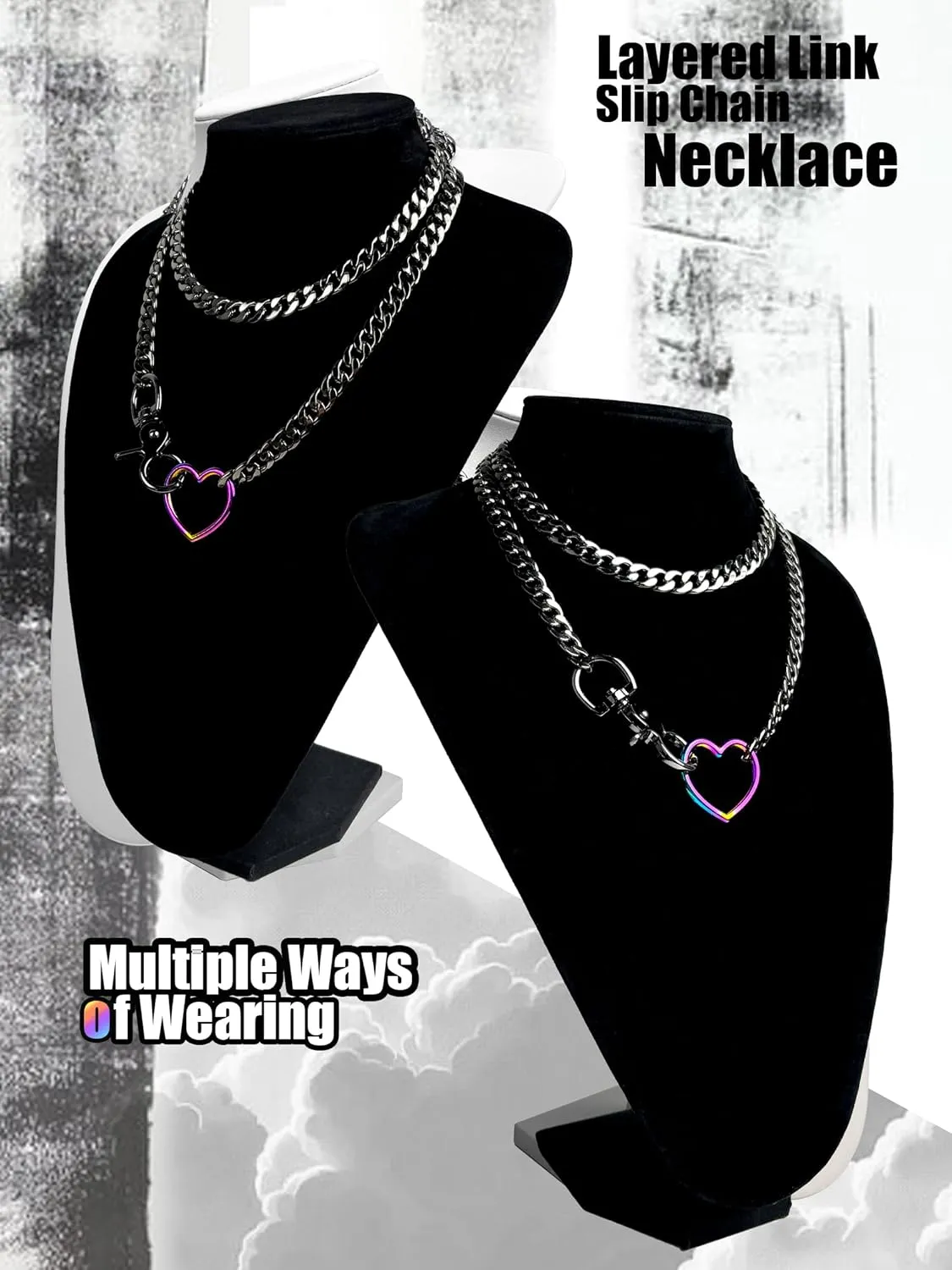 paloli Women's Slip Chain Rainbow Heart O-Ring Chunky Chain Necklace, Rays Cuban Long Layered Jewelry, Adjustable Lariat Y-Necklace Heart Loop Choker