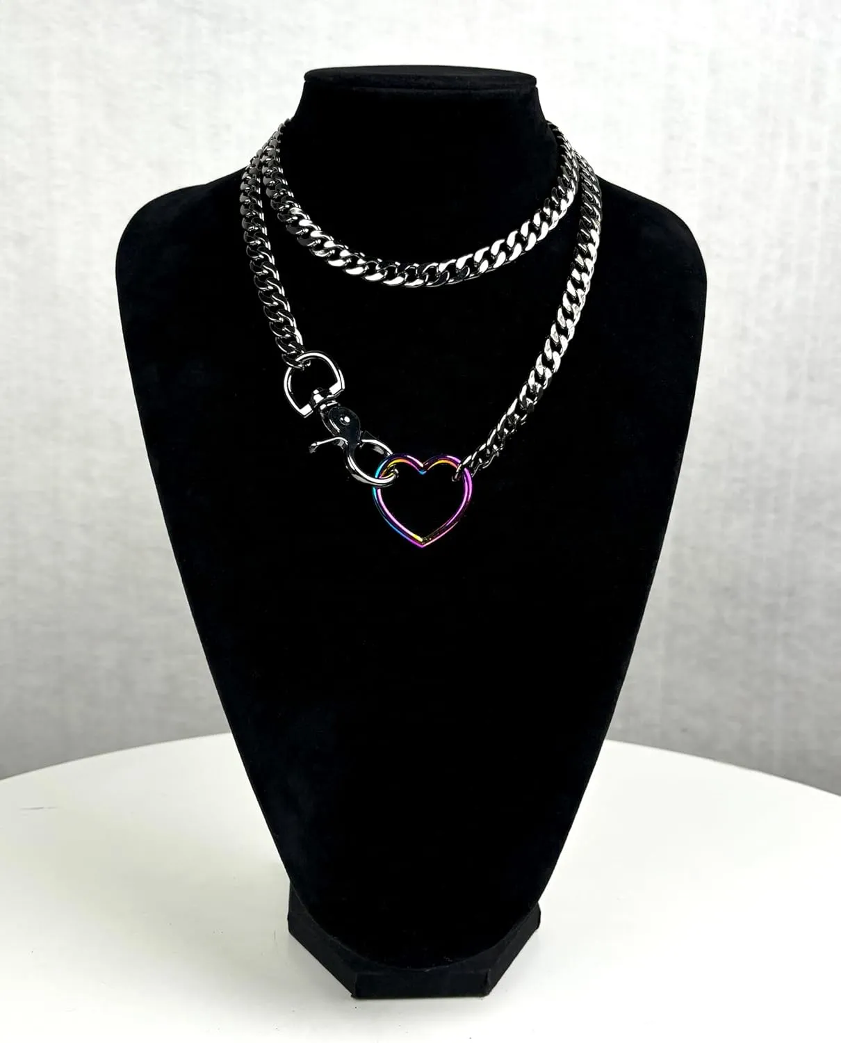 paloli Women's Slip Chain Rainbow Heart O-Ring Chunky Chain Necklace, Rays Cuban Long Layered Jewelry, Adjustable Lariat Y-Necklace Heart Loop Choker