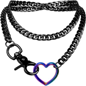 paloli Women's Slip Chain Rainbow Heart O-Ring Chunky Chain Necklace, Rays Cuban Long Layered Jewelry, Adjustable Lariat Y-Necklace Heart Loop Choker