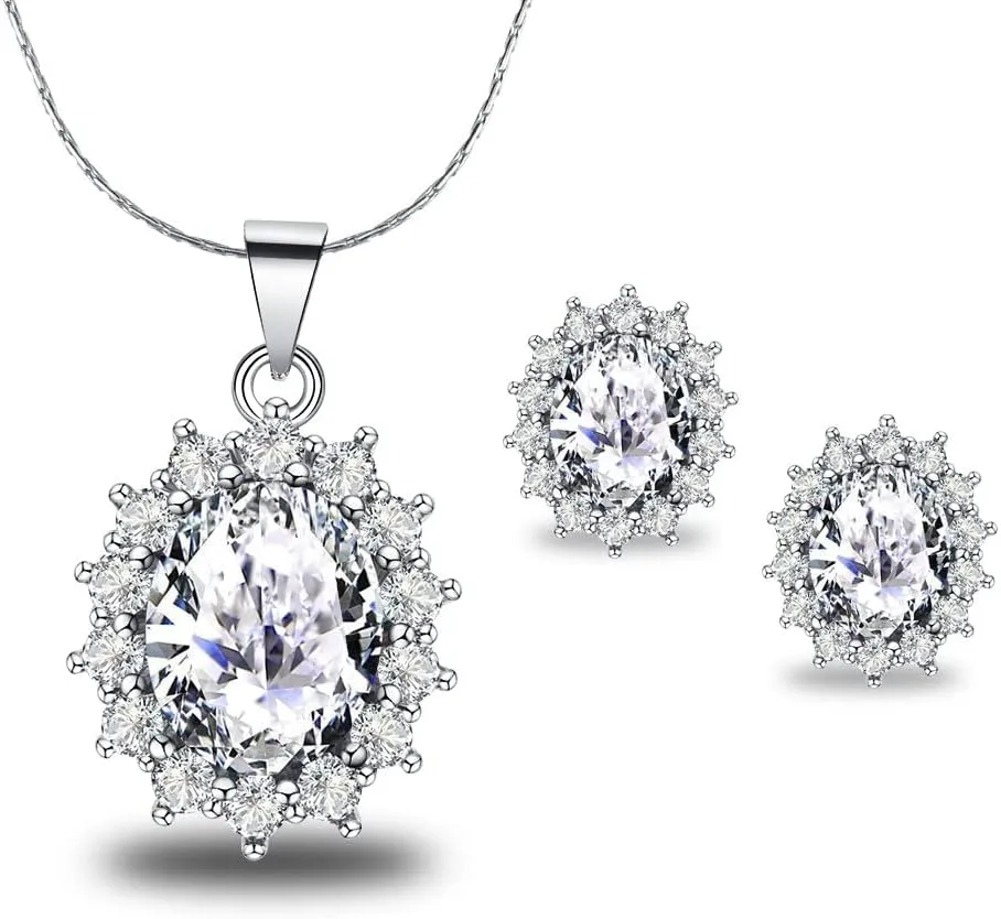 Paris Jewelry 18K White Gold Created Diamond Round 2 Carat Oval Necklace Plated 18 inch