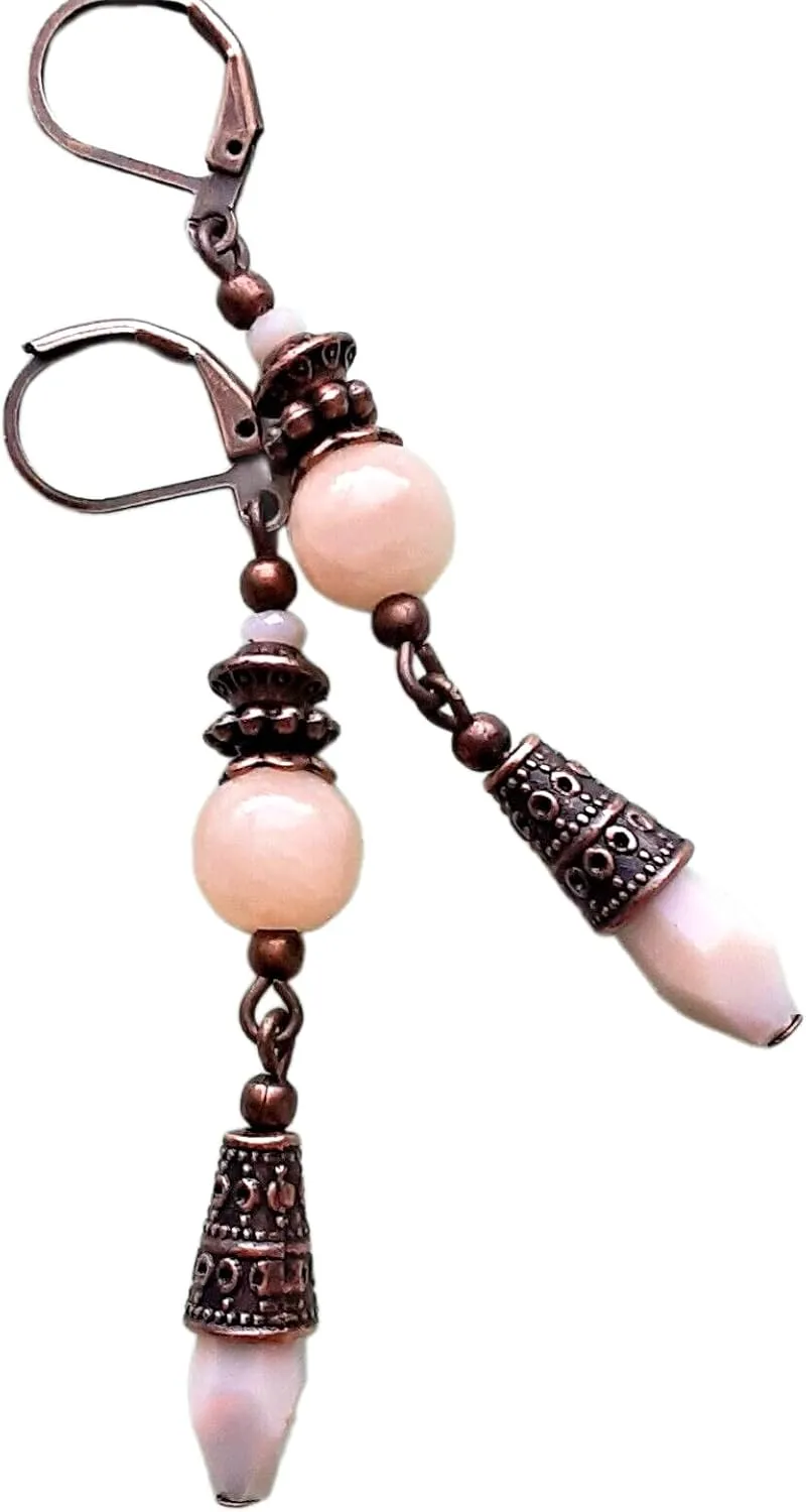 Peach Jade Faceted Crystal Copper Hand Artisan Earrings Jewelry Handmade Dangle Leverback Vintage Crafted For Women