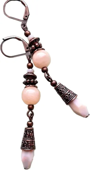 Peach Jade Faceted Crystal Copper Hand Artisan Earrings Jewelry Handmade Dangle Leverback Vintage Crafted For Women