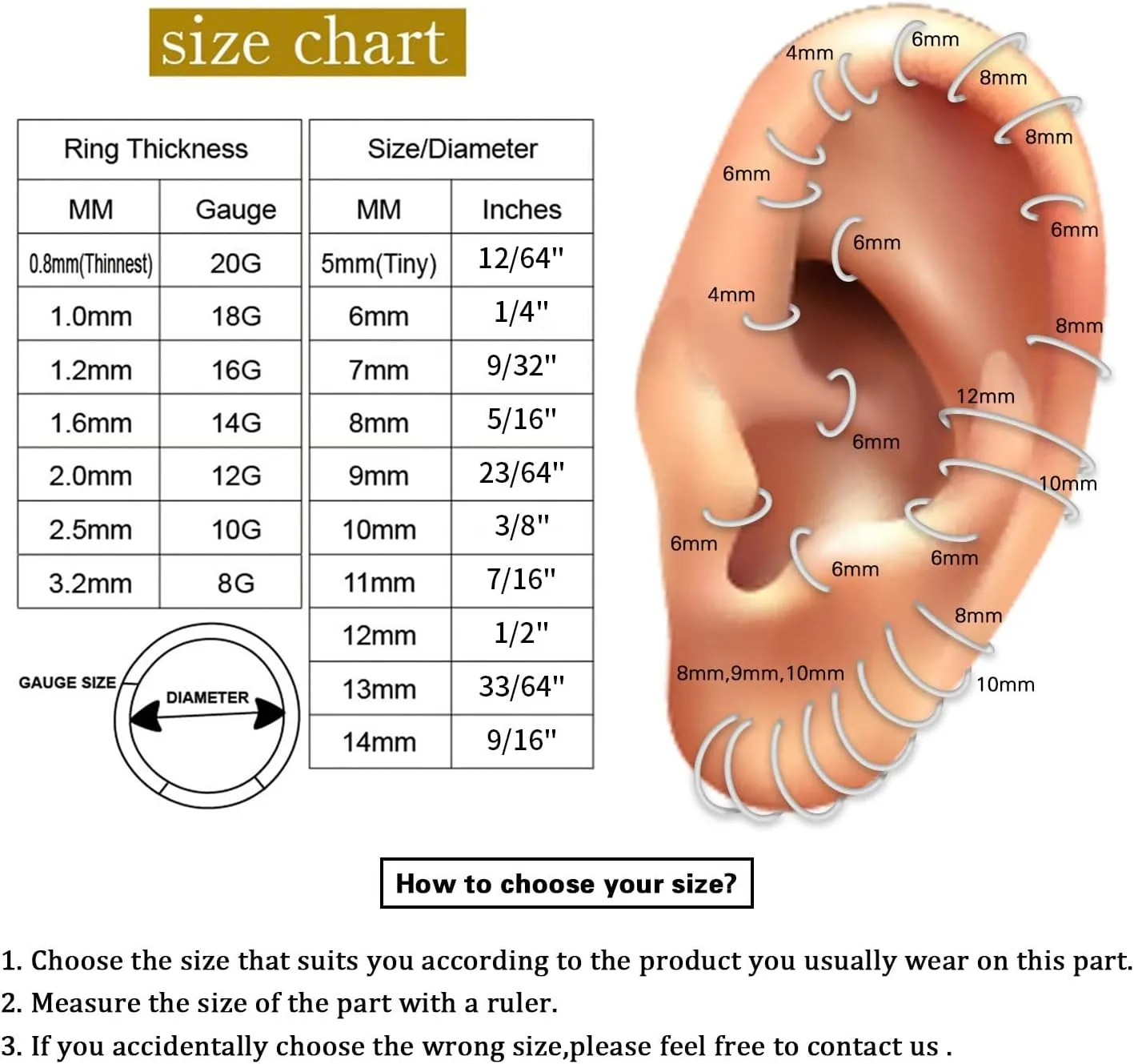 PEAKLINK 316L Surgical Steel Nose Ring Hoop 16 Gauge Conch Cartilage Helix Earring Unique Shape Tragus Rook Daith Septum Nose Piercing Jewelry for Women