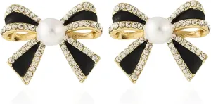 Pearl Bow Knot Small Stud Earrings Sterling Silver Pins Cubic Zirconia Crystal Butterfly Tie Cute Statement Earrings Cartilage Studs Wedding Christmas Jewelry Gifts for Women