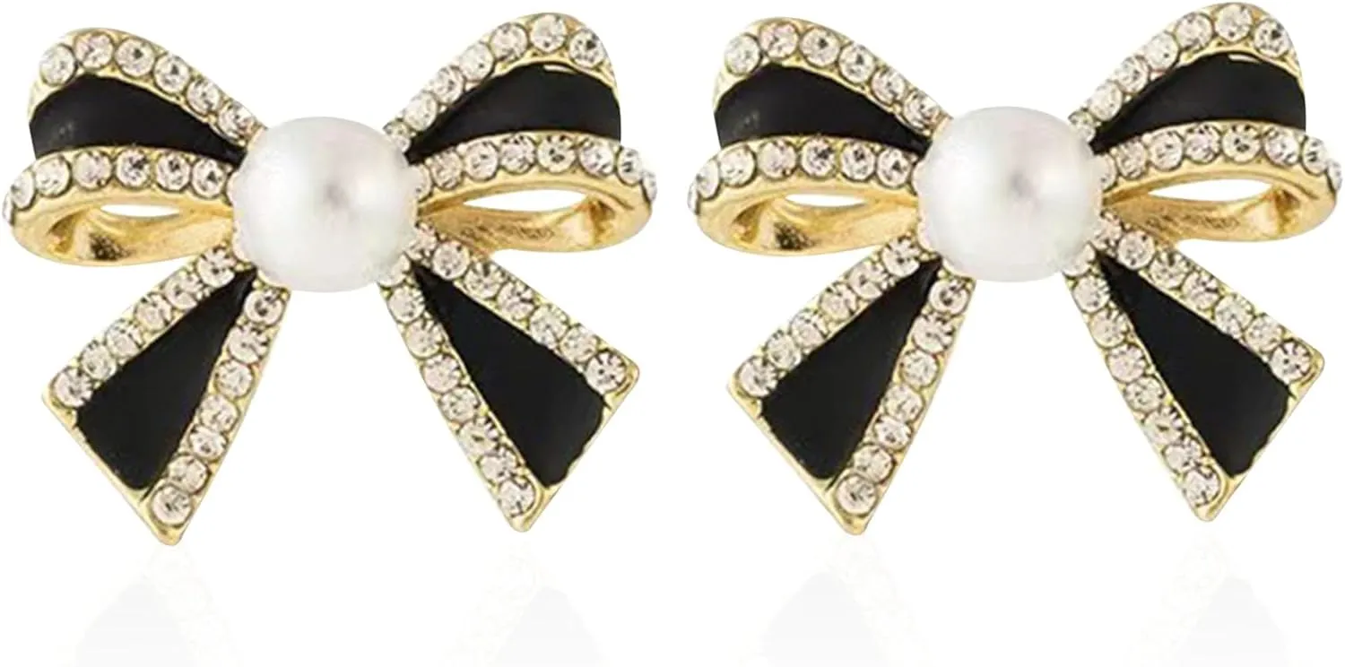 Pearl Bow Knot Small Stud Earrings Sterling Silver Pins Cubic Zirconia Crystal Butterfly Tie Cute Statement Earrings Cartilage Studs Wedding Christmas Jewelry Gifts for Women