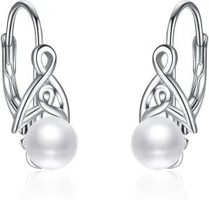 Pearl Earrings for Women 925 Sterling Silver Irish Celtic Knot Drop Dangle Earrings Leverback Jewelry Gifts (silver)