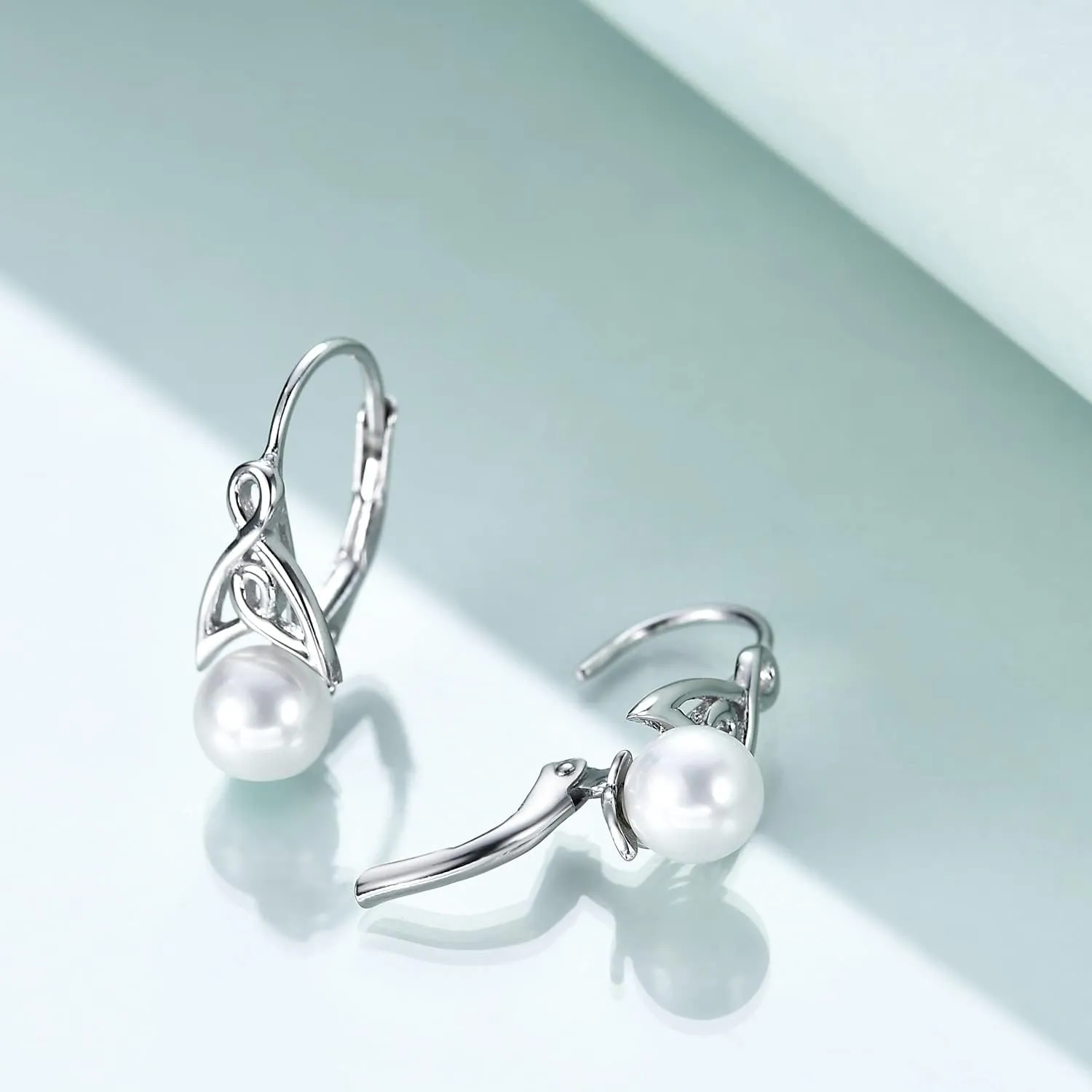 Pearl Earrings for Women 925 Sterling Silver Irish Celtic Knot Drop Dangle Earrings Leverback Jewelry Gifts (silver)