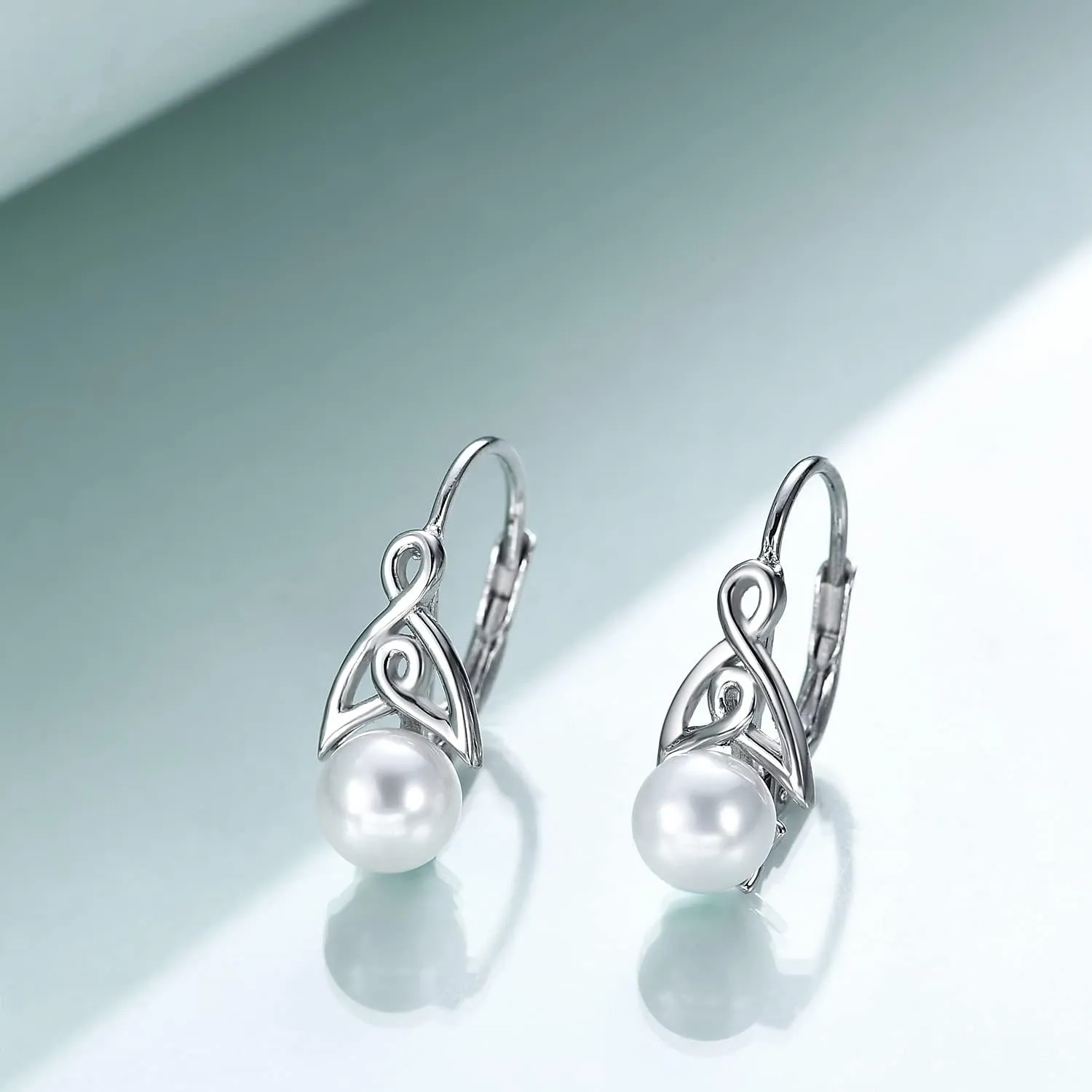 Pearl Earrings for Women 925 Sterling Silver Irish Celtic Knot Drop Dangle Earrings Leverback Jewelry Gifts (silver)