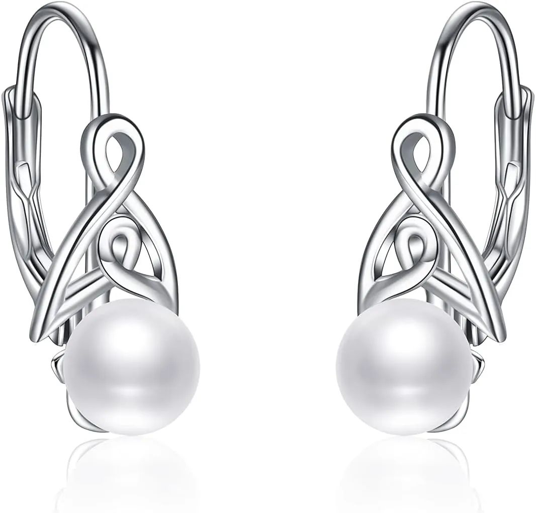 Pearl Earrings for Women 925 Sterling Silver Irish Celtic Knot Drop Dangle Earrings Leverback Jewelry Gifts (silver)