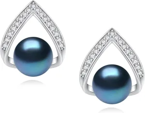 Pearl Earrings for Women, Freshwater/Saltwater Cultured Pearl, 925 Sterling Silver Earrings with Cubic Zirconia Diamonds, White Gold Plated, Anniversary Mother's Day Jewelry Gifts