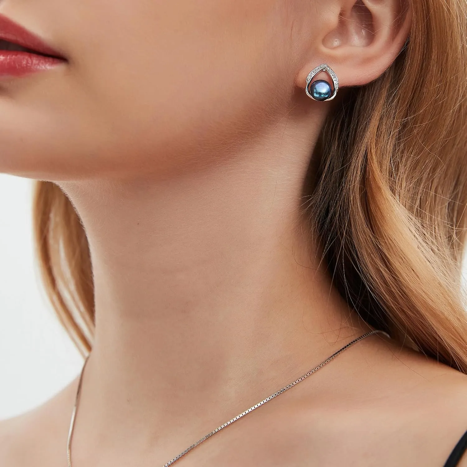 Pearl Earrings for Women, Freshwater/Saltwater Cultured Pearl, 925 Sterling Silver Earrings with Cubic Zirconia Diamonds, White Gold Plated, Anniversary Mother's Day Jewelry Gifts