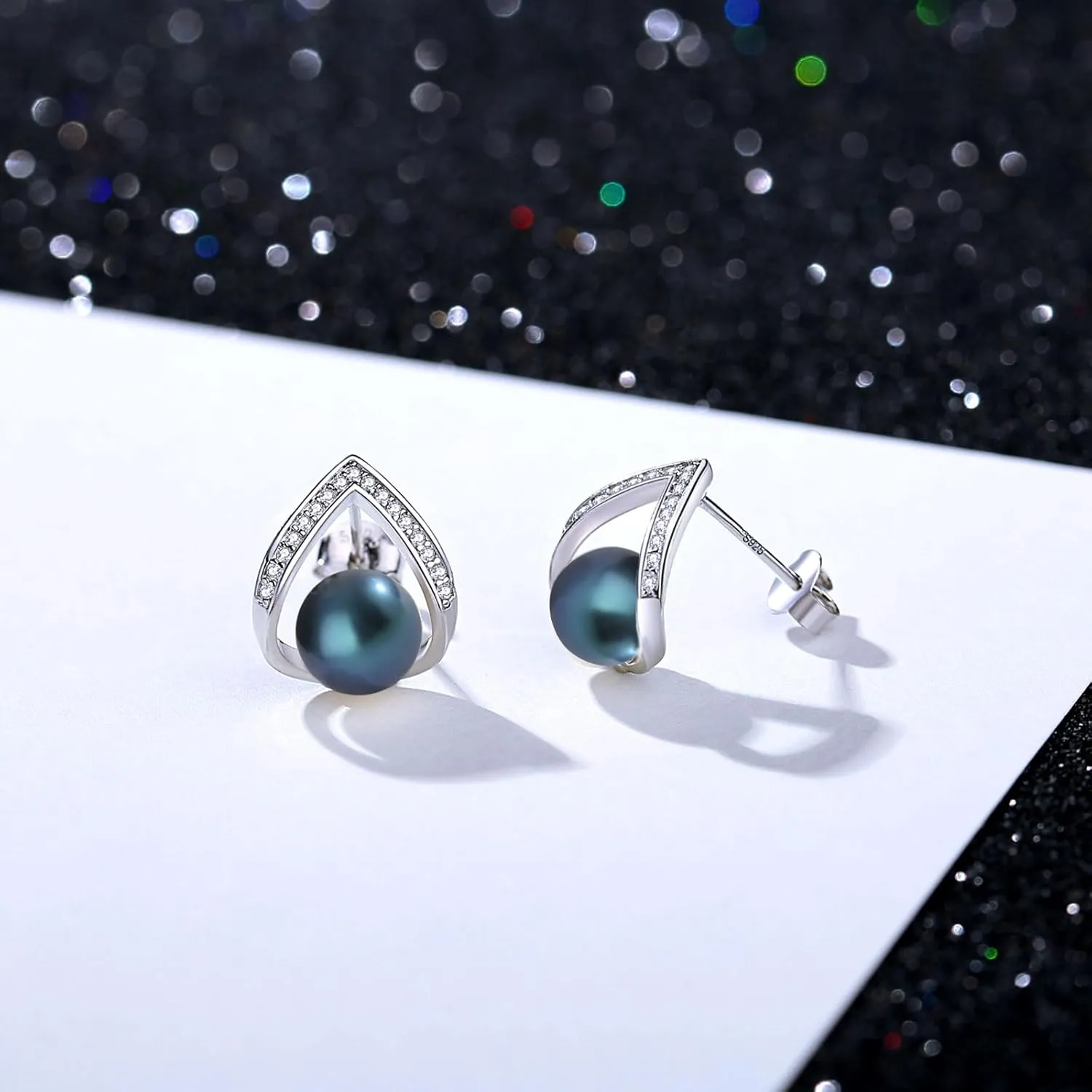 Pearl Earrings for Women, Freshwater/Saltwater Cultured Pearl, 925 Sterling Silver Earrings with Cubic Zirconia Diamonds, White Gold Plated, Anniversary Mother's Day Jewelry Gifts