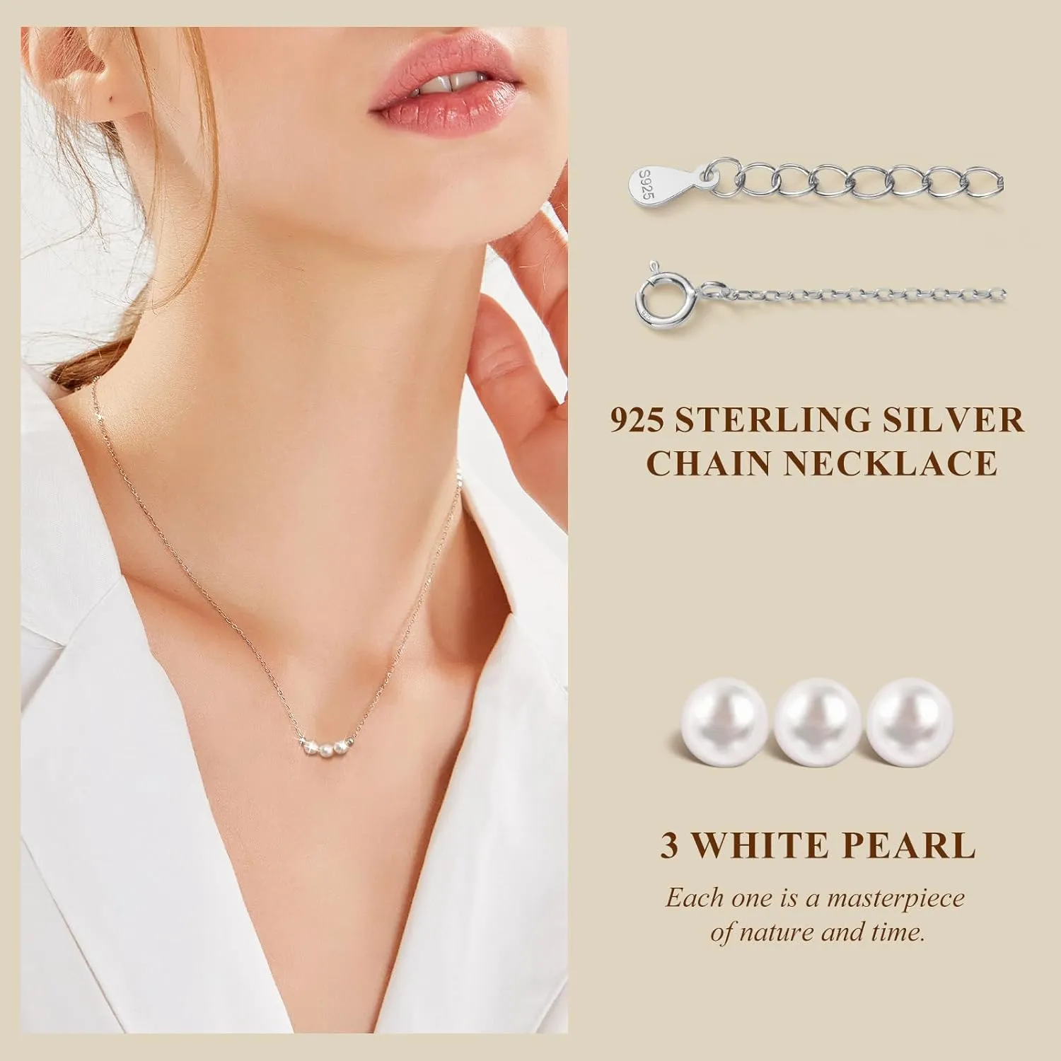 Pearl Necklace for Women 925 Sterling Silver Single Pearl Jewelry with Shell Pearl Pendant - Dainty Choker Necklace Suitable for Anniversary, Wedding, Birthday Gifts