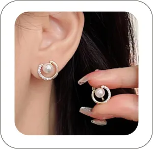 Pearl Small Hoop Earrings Trendy 14K Gold Plated Twisted Small Pearl Crystal Hoop Studs Earring Natural Fresh-water Drop-shaped Pearl Earrings Dainty Earrings Jewelry Gifts for Women Girls