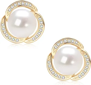Pearl Stud Earrings for Women 14K Gold Plated Freshwater Cultured White Pearl with Cubic Zirconia Anniversary Birthday Mother Day Jewelry Gifts for Her