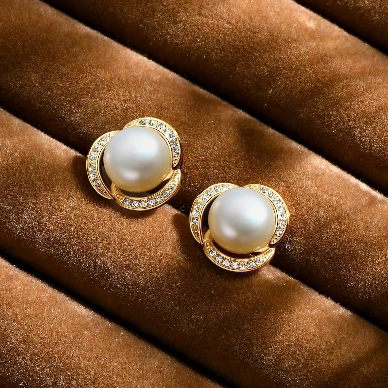 Pearl Stud Earrings for Women 14K Gold Plated Freshwater Cultured White Pearl with Cubic Zirconia Anniversary Birthday Mother Day Jewelry Gifts for Her