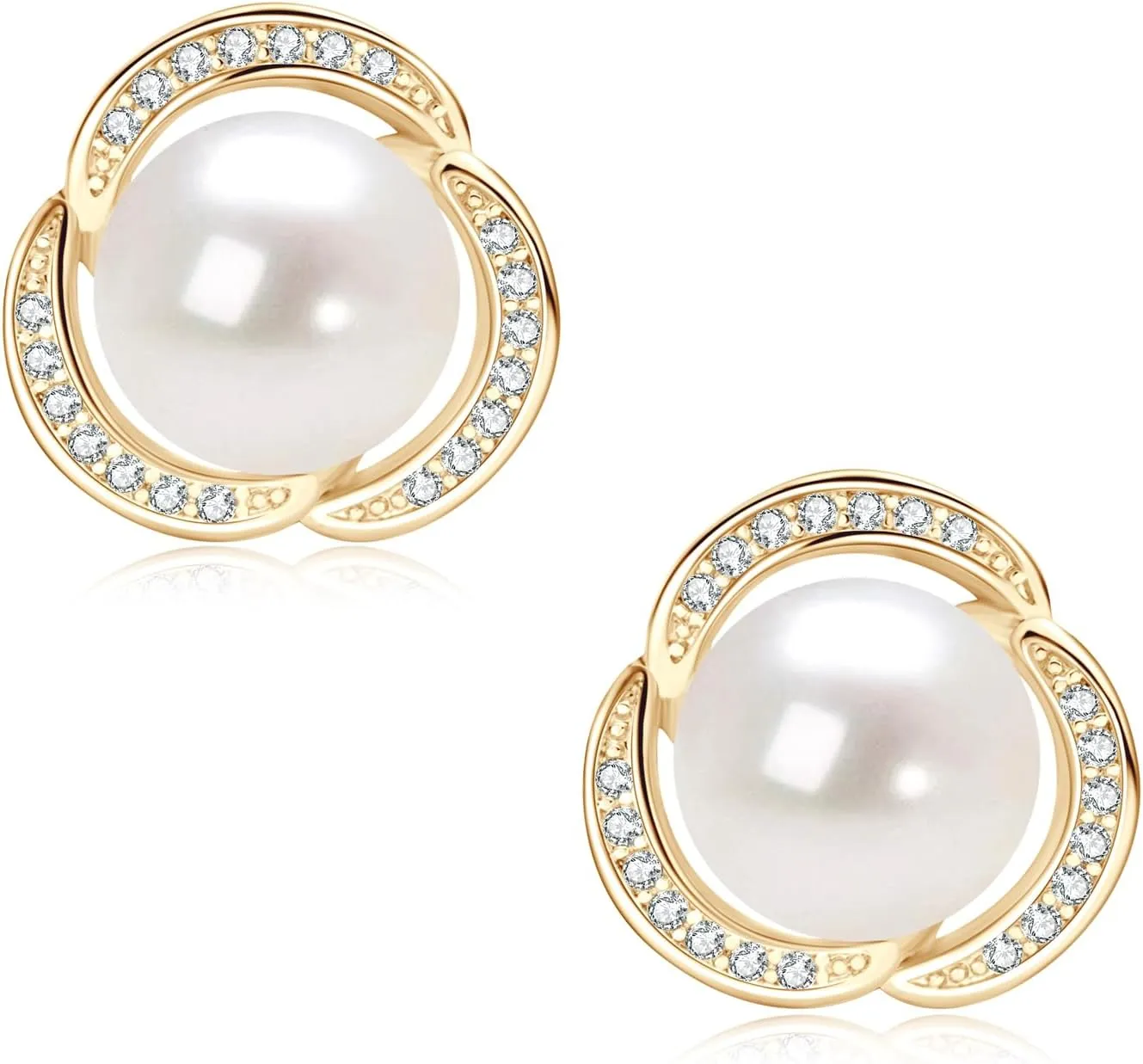 Pearl Stud Earrings for Women 14K Gold Plated Freshwater Cultured White Pearl with Cubic Zirconia Anniversary Birthday Mother Day Jewelry Gifts for Her