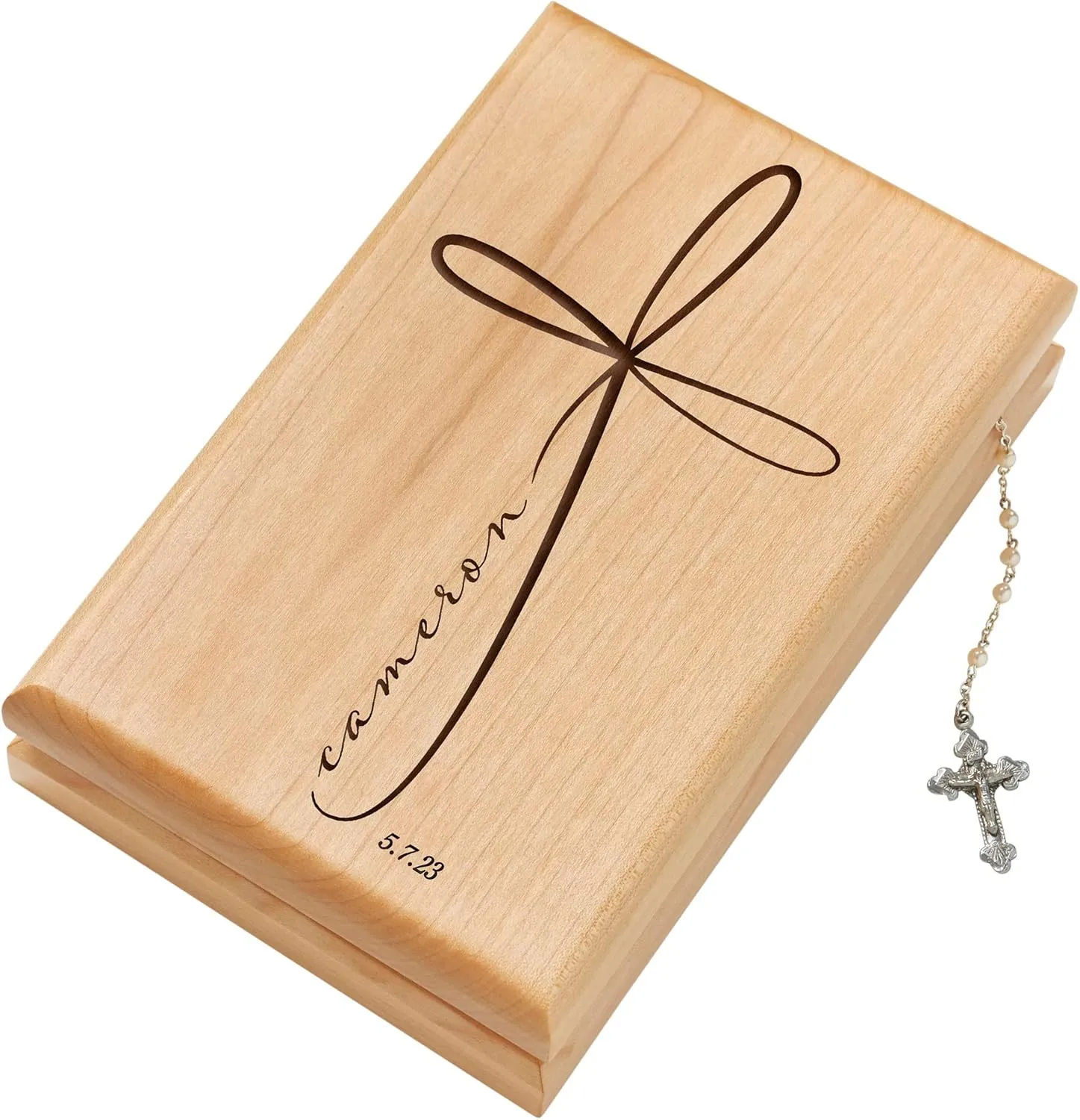 Personalization Universe Holy Name Engraved Alderwood Personalized First Communion Valet Box with Felt-Lined Compartments, Jewlery Organizer Box, 1st Communion Gift for Girls or Boys