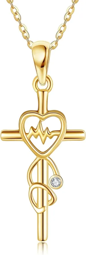 Personalized 14K Gold Stethoscope Necklace Birthstone Customized Stethoscope Cross Pendant Necklace Gold Heartbeat EKG Women Medicine Jewelry Nurse Doctor Graduation Gifts for Medical Student