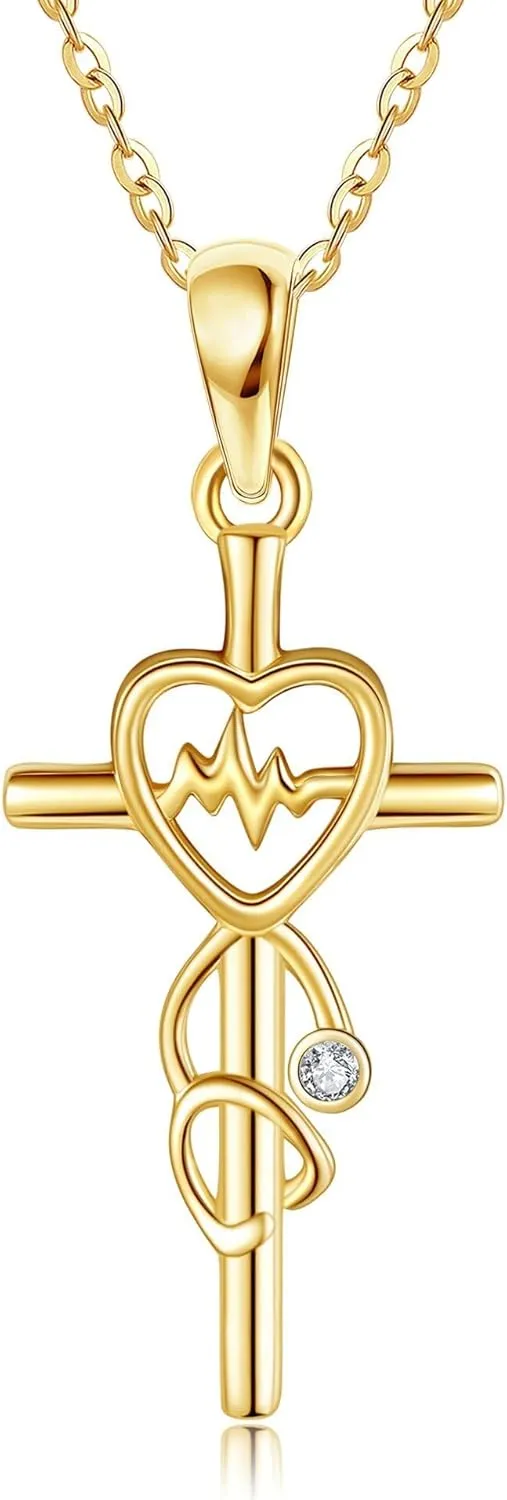 Personalized 14K Gold Stethoscope Necklace Birthstone Customized Stethoscope Cross Pendant Necklace Gold Heartbeat EKG Women Medicine Jewelry Nurse Doctor Graduation Gifts for Medical Student