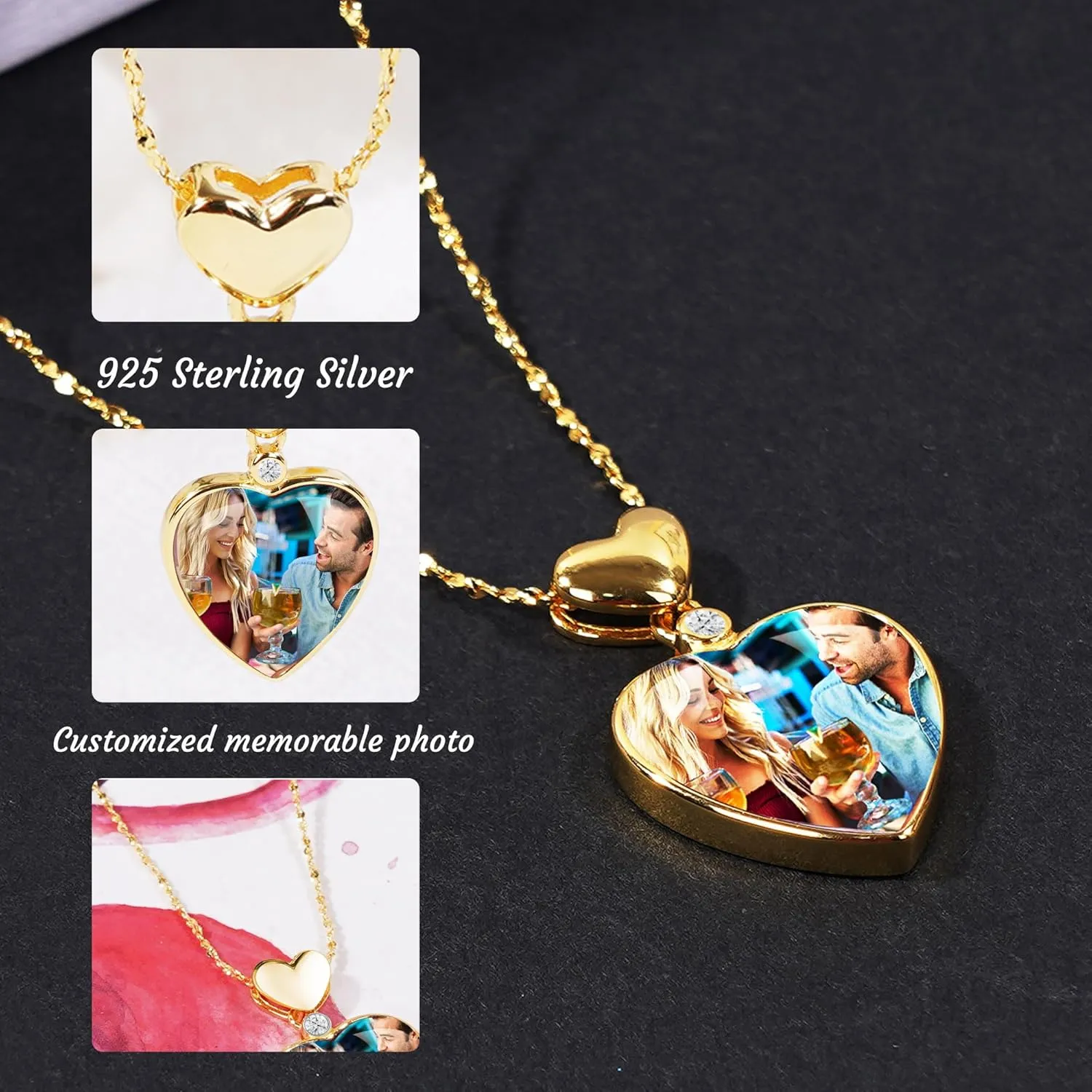 Personalized 925 Sterling Silver Plated 18K Gold Pendant Necklace With Photo, Custom Picture Jewelry Gifts
