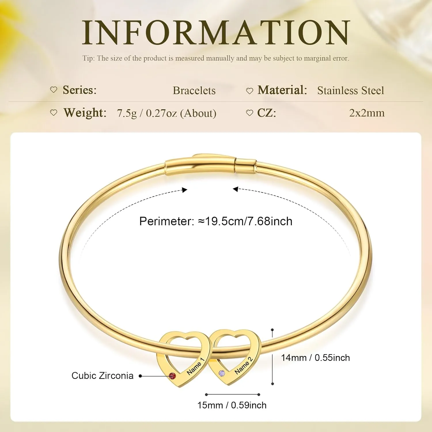 Personalized Birthstone Bracelet for Women - Custom Engraved Gold Bangle with Heart Charm, 2-6 Names Jewelry - Unique Gift for Mom, Grandma, Bridesmaid, Mother Daughter, Christmas & Birthday