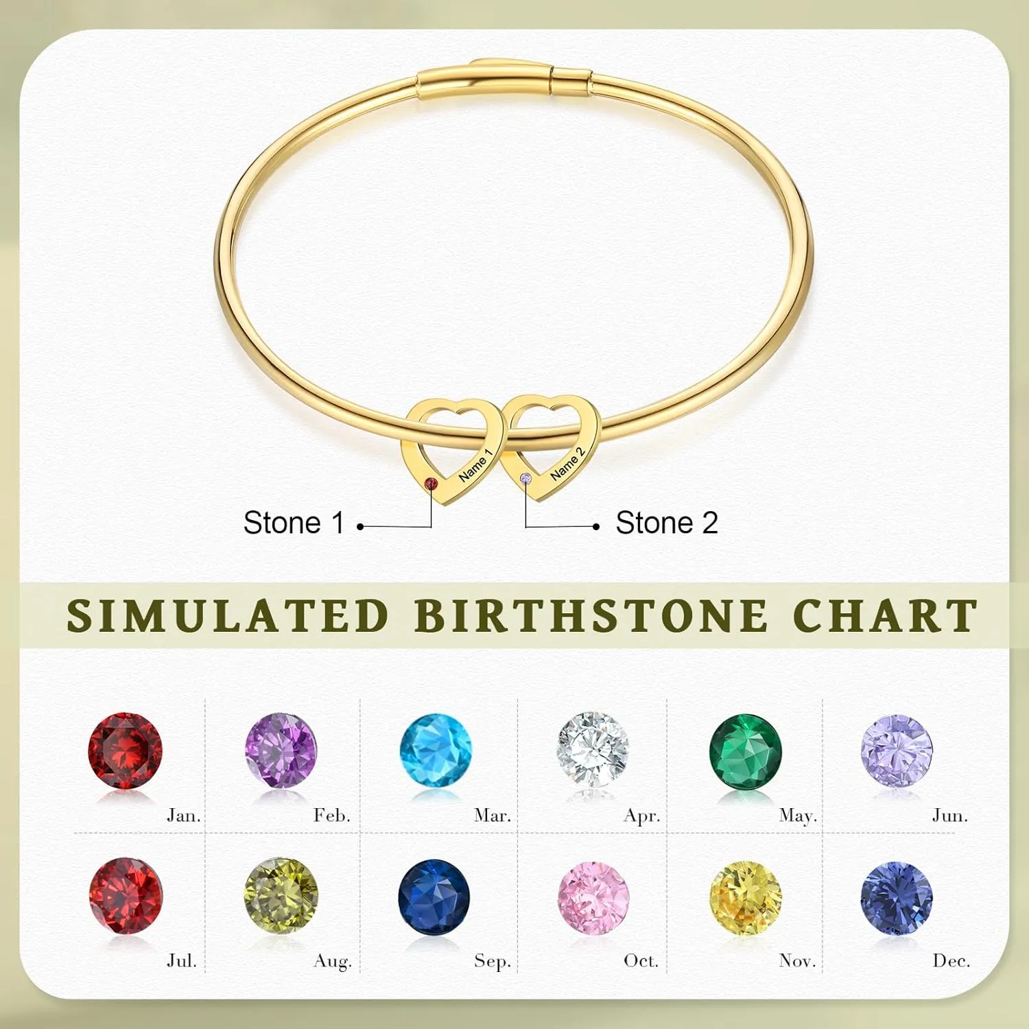 Personalized Birthstone Bracelet for Women - Custom Engraved Gold Bangle with Heart Charm, 2-6 Names Jewelry - Unique Gift for Mom, Grandma, Bridesmaid, Mother Daughter, Christmas & Birthday
