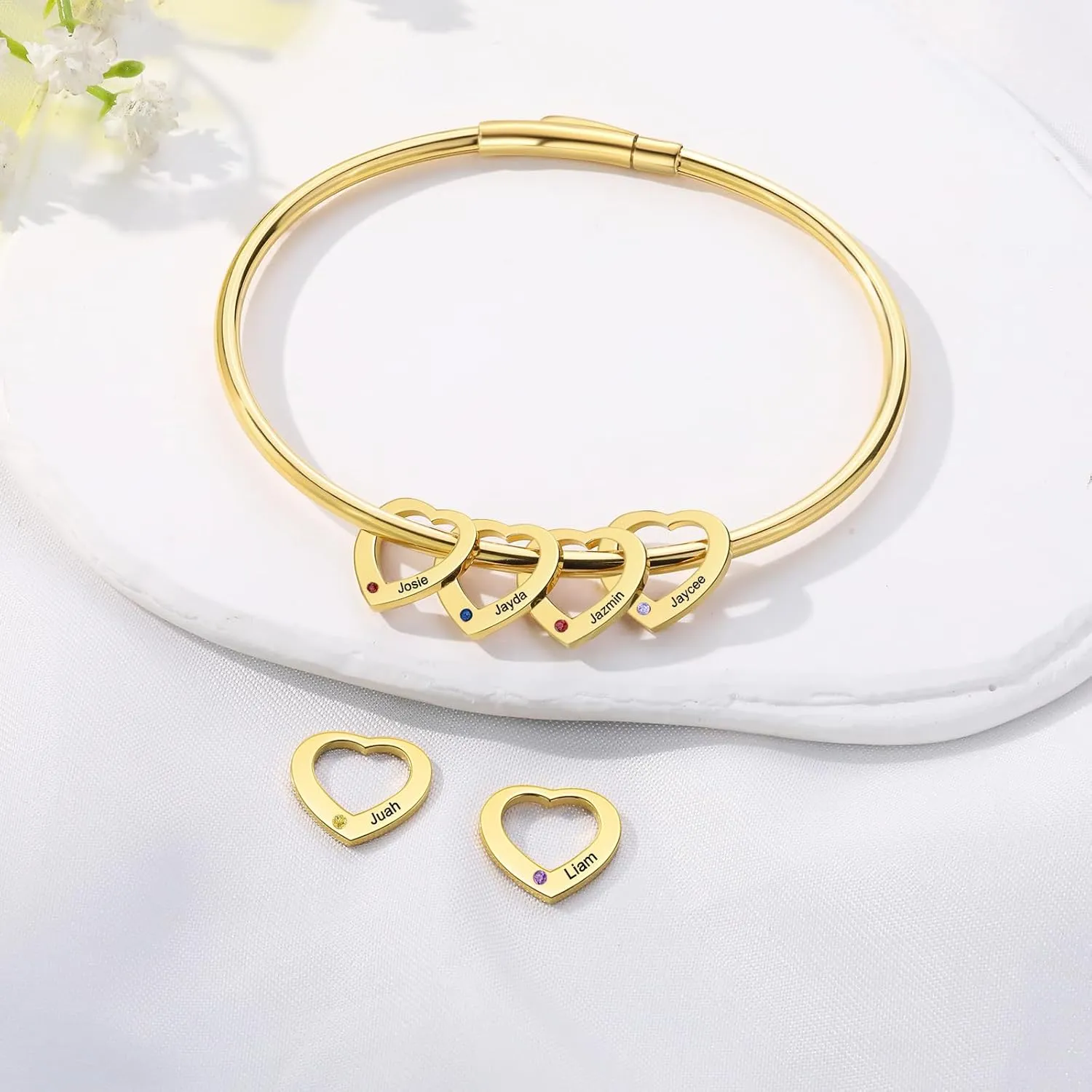 Personalized Birthstone Bracelet for Women - Custom Engraved Gold Bangle with Heart Charm, 2-6 Names Jewelry - Unique Gift for Mom, Grandma, Bridesmaid, Mother Daughter, Christmas & Birthday
