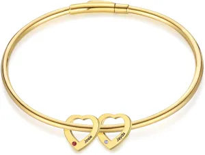 Personalized Birthstone Bracelet for Women - Custom Engraved Gold Bangle with Heart Charm, 2-6 Names Jewelry - Unique Gift for Mom, Grandma, Bridesmaid, Mother Daughter, Christmas & Birthday