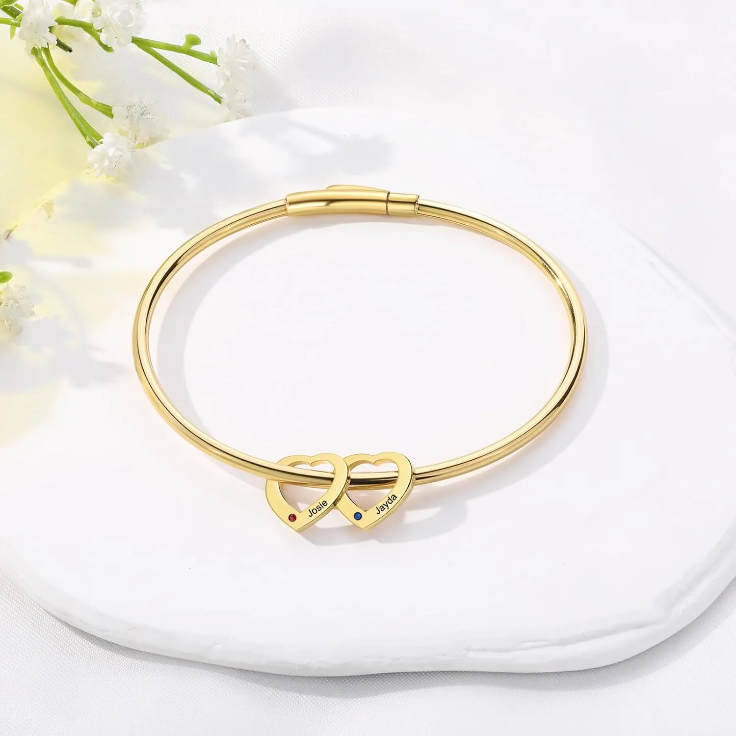 Personalized Birthstone Bracelet for Women - Custom Engraved Gold Bangle with Heart Charm, 2-6 Names Jewelry - Unique Gift for Mom, Grandma, Bridesmaid, Mother Daughter, Christmas & Birthday