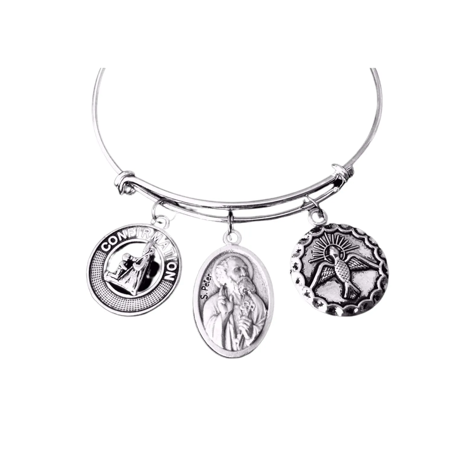 Personalized Confirmation Gift Saint Peter Expandable Charm Bracelet Silver Adjustable Bangle Catholic Gift Holy Spirit Dove Personalized