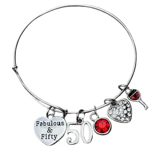 Personalized Fabulous and 50th Birthday Wine Glass Birthstone Bangle Bracelet, 50th Birthday Gifts for Women, Fabulous and 50th Heart Bangle, 50th Bday Gifts for Her