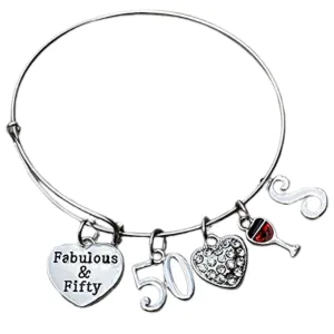 Personalized Fabulous and 50th Birthday Wine Glass Initial Bangle Bracelet, 50th Birthday Gifts for Women, Fabulous and 50th Heart Bangle, 50th Bday Gifts for Her