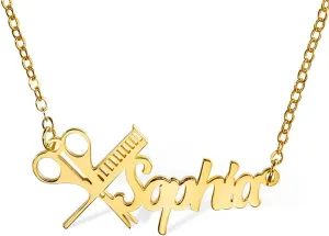 Personalized Hairdresser Name Necklace, Scissors and Comb Necklace with Custom Name, Nameplate Necklace, Gift for Hairdressers/Hairstylists/Barbers