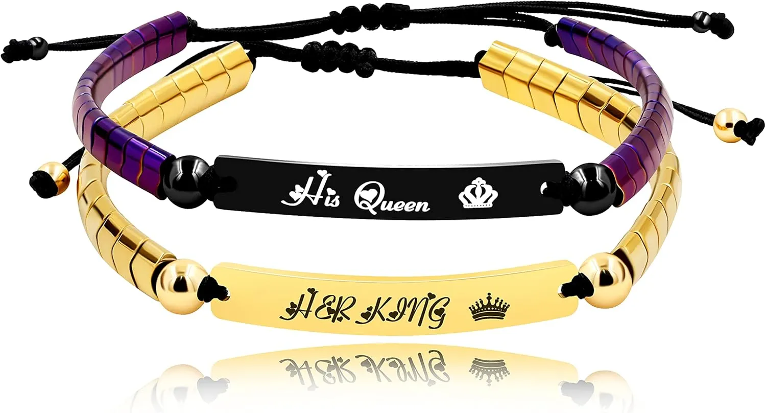 Personalized Handmade Braided Rope ID Plate Couples Bracelets for Women Men Dad Stainless Steel Engraving Name Plate Friendship with Black Natural Hematite Stone Y1456 (PurpleHisQueen-GoldHerKing)