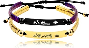 Personalized Handmade Braided Rope ID Plate Couples Bracelets for Women Men Dad Stainless Steel Engraving Name Plate Friendship with Black Natural Hematite Stone Y1456 (PurpleHisQueen-GoldHerKing)