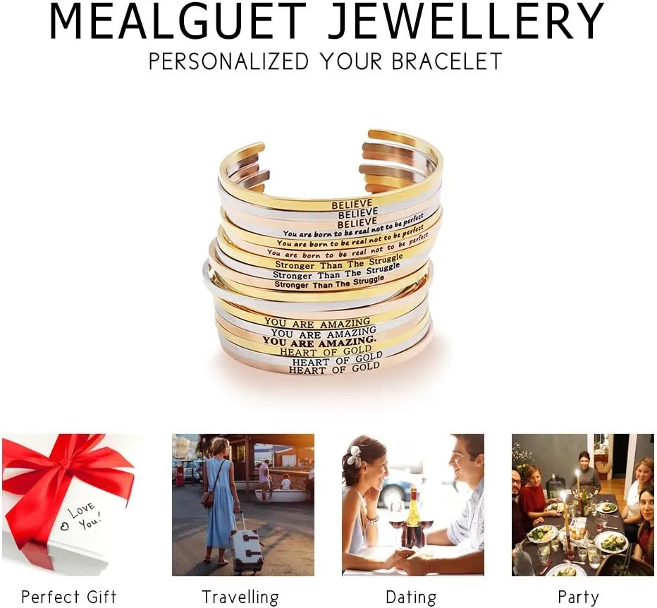 Personalized Inspirational Bracelets,Stainless Steel Customized Name Message Quote Stack Cuff Bangle Bracelets