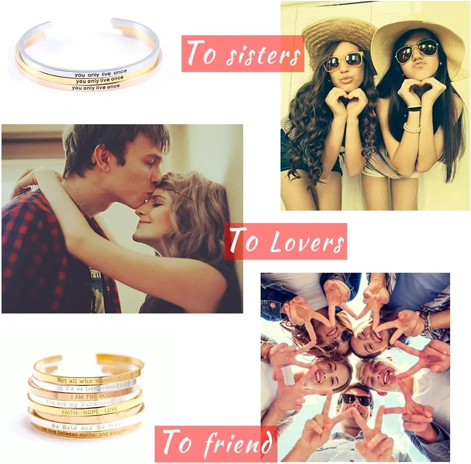 Personalized Inspirational Bracelets,Stainless Steel Customized Name Message Quote Stack Cuff Bangle Bracelets