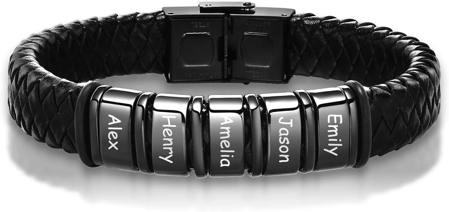 Personalized Leather Bracelet for Men - Leather Braided Custom Bracelets 2-6 Beads Mens Engraved Bracelet Name Customized Bracelets Jewelry Gifts for Husband, Dad, Grandfather